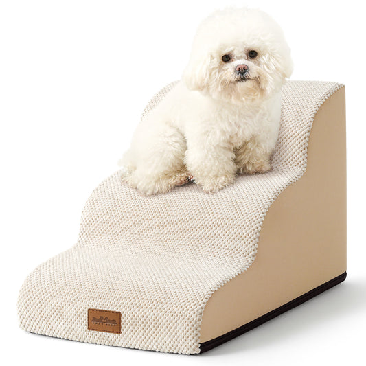 Front studio view of Cozy Kiss 3-Step Joint-Friendly Curved Pet Stairs featuring curved foam design and textured fabric cover #color_Beige