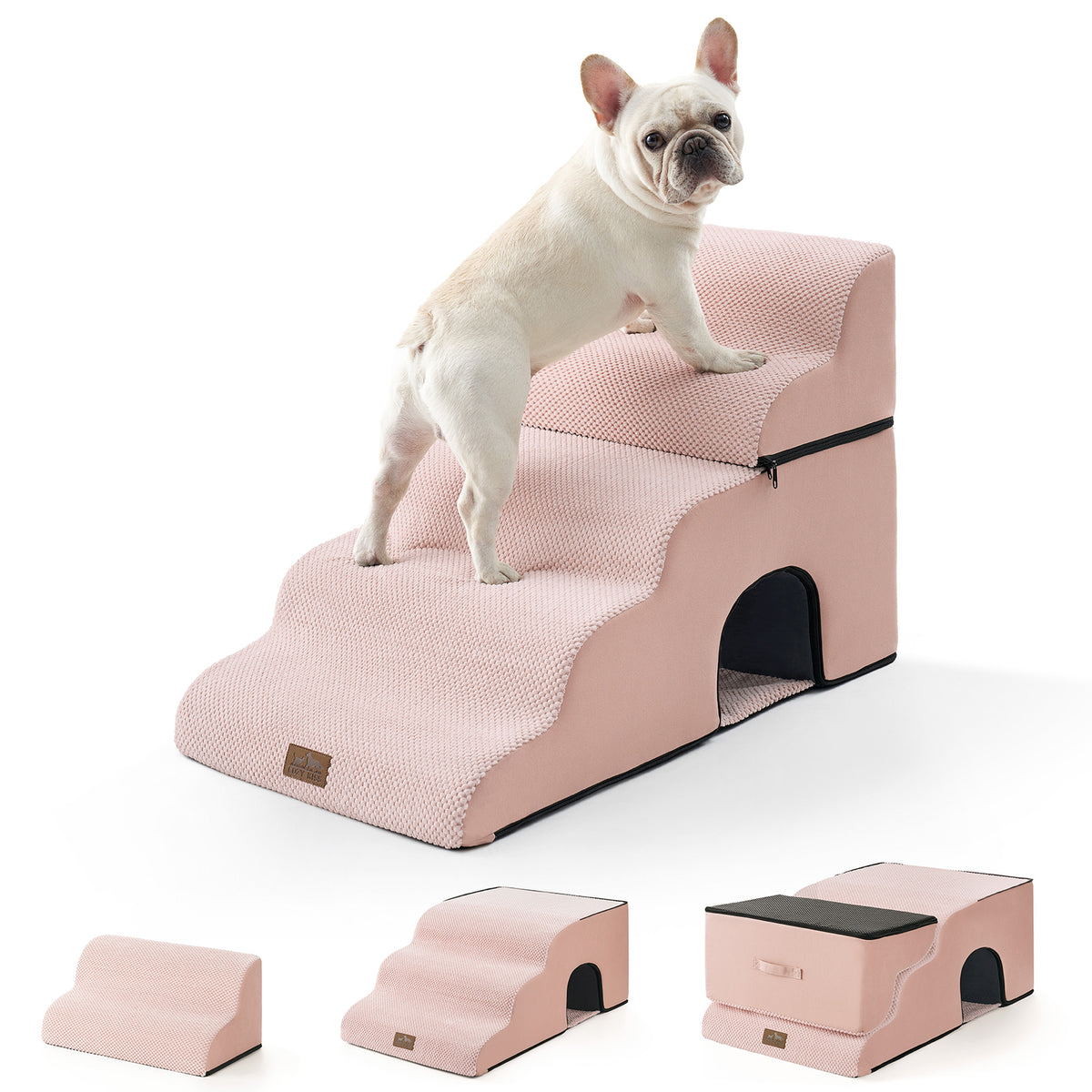 Cozy Kiss 5-Step Foldable Curved Pet Stairs with Play Condo front product view with a dog standing on it 