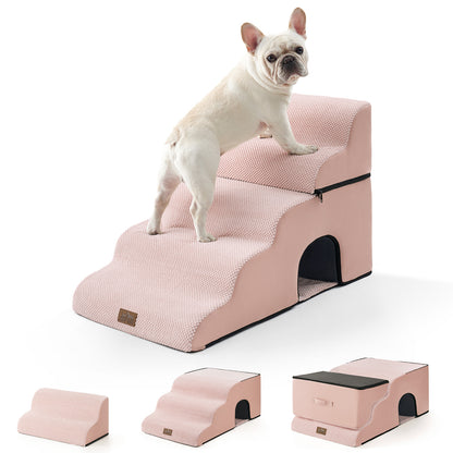 Cozy Kiss 5-Step Foldable Curved Pet Stairs with Play Condo front product view with a dog standing on it #color_Pink