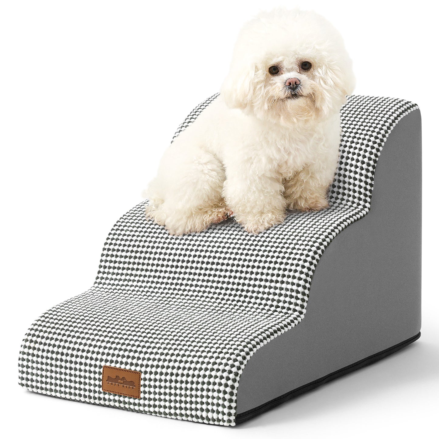 Front studio view of Cozy Kiss 3-Step Joint-Friendly Curved Pet Stairs featuring curved foam design and textured fabric cover #color_White & Black