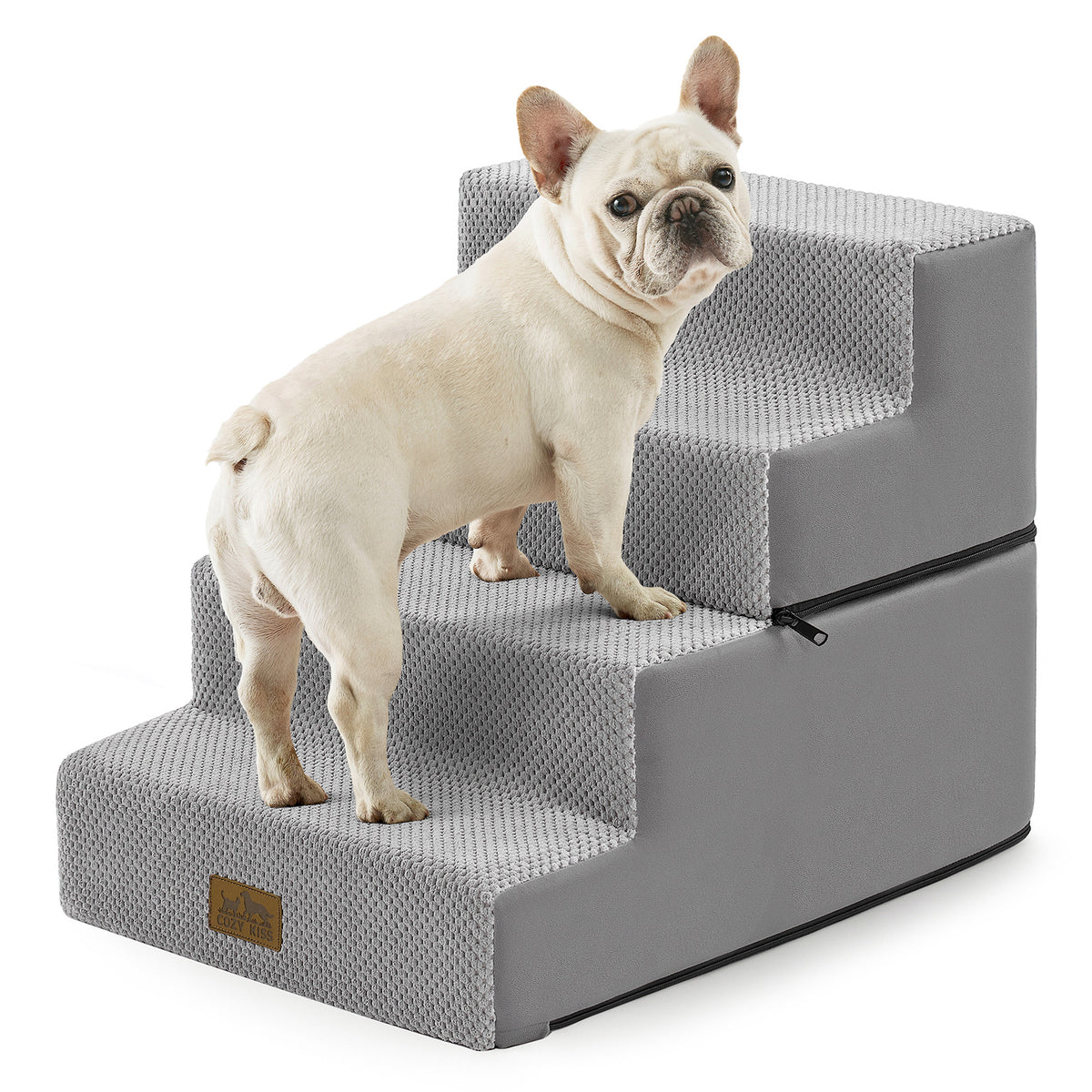 Dog standing on Cozy Kiss 4-Step Extra Wide Foldable Right-Angle Pet Stairs 