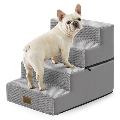 Dog standing on Cozy Kiss 4-Step Extra Wide Foldable Right-Angle Pet Stairs #color_Grey