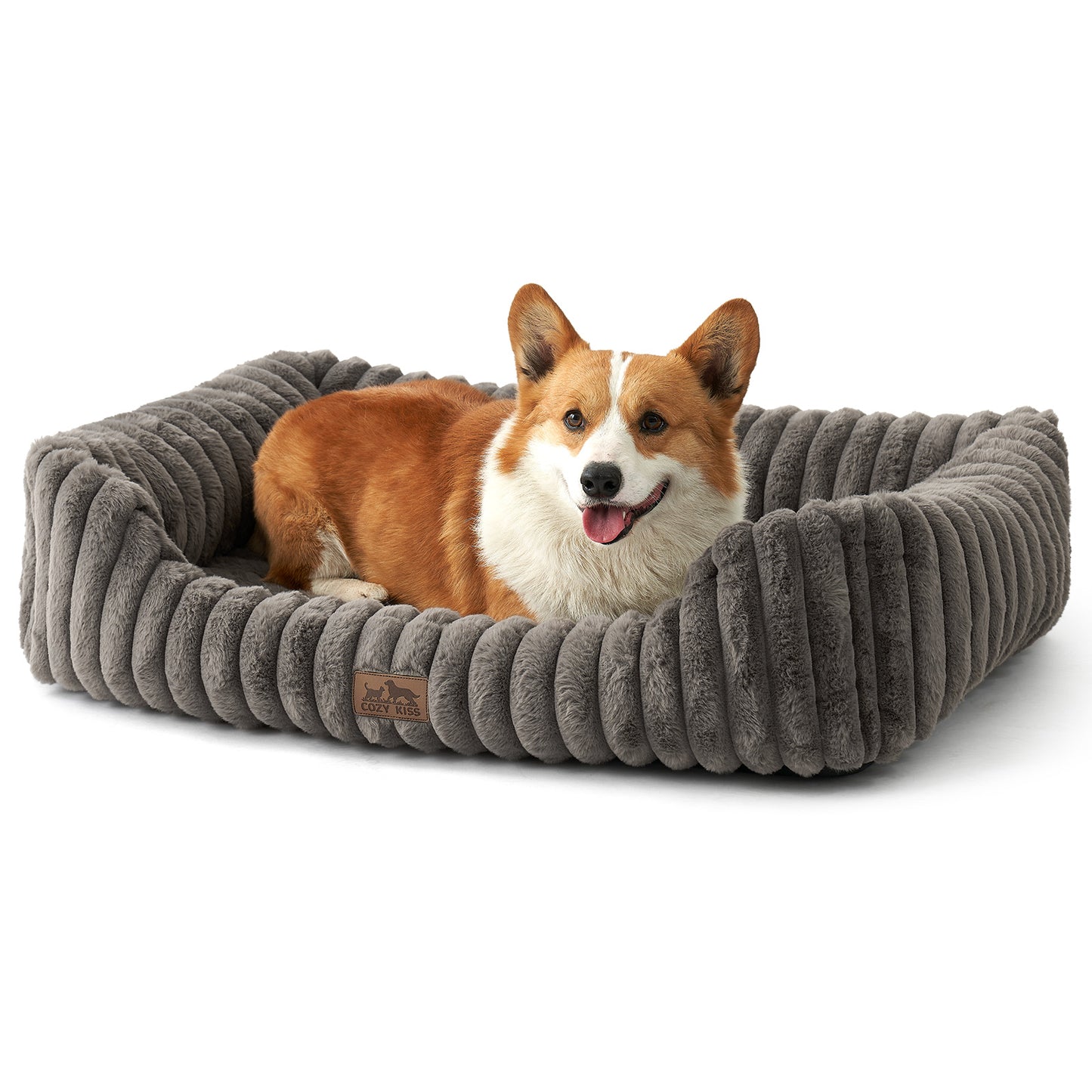 Cozy Kiss Striped Faux C-Shaped Washable Dog Bed plush bolster pet bed for dogs and cats #color_Grey