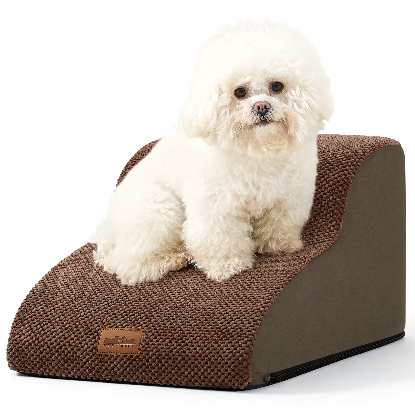 Front studio view of Cozy Kiss 2-Step Joint-Friendly Curved Pet Stairs featuring curved foam design and textured fabric cover #color_Brown