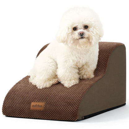 Front studio view of Cozy Kiss 2-Step Joint-Friendly Curved Pet Stairs featuring curved foam design and textured fabric cover #color_Brown