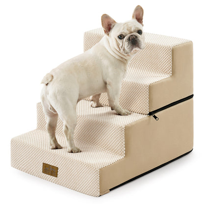 A dog standing on Cozy Kiss 4-Step Foldable Right-Angle Pet Stairs #color_Beige