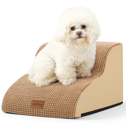 Front studio view of Cozy Kiss 2-Step Joint-Friendly Curved Pet Stairs featuring curved foam design and textured fabric cover #color_Light Brown
