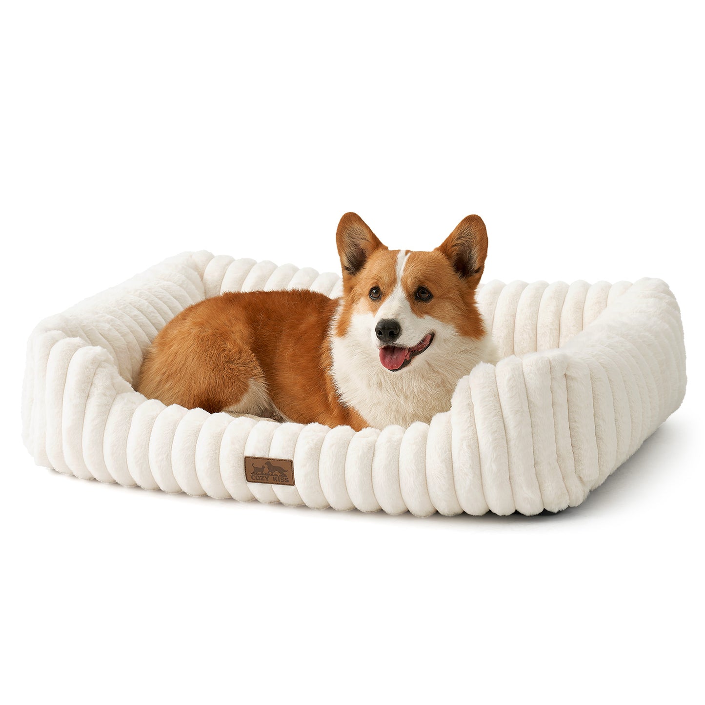 Cozy Kiss Striped Faux C-Shaped Washable Dog Bed plush bolster pet bed for dogs and cats #color_Cream