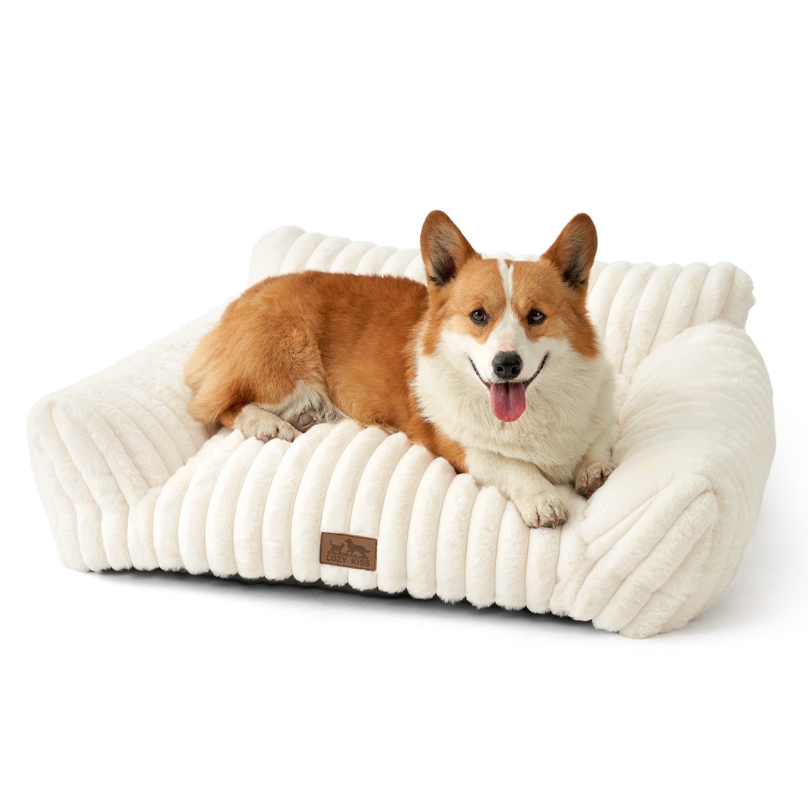 Cozy Kiss Ultra Soft Plush Striped Faux Pet Sofa Bed calming sofa style pet bed for dogs and cats #color_Cream