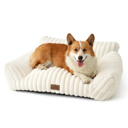 Cozy Kiss Ultra Soft Plush Striped Faux Pet Sofa Bed calming sofa style pet bed for dogs and cats #color_Cream
