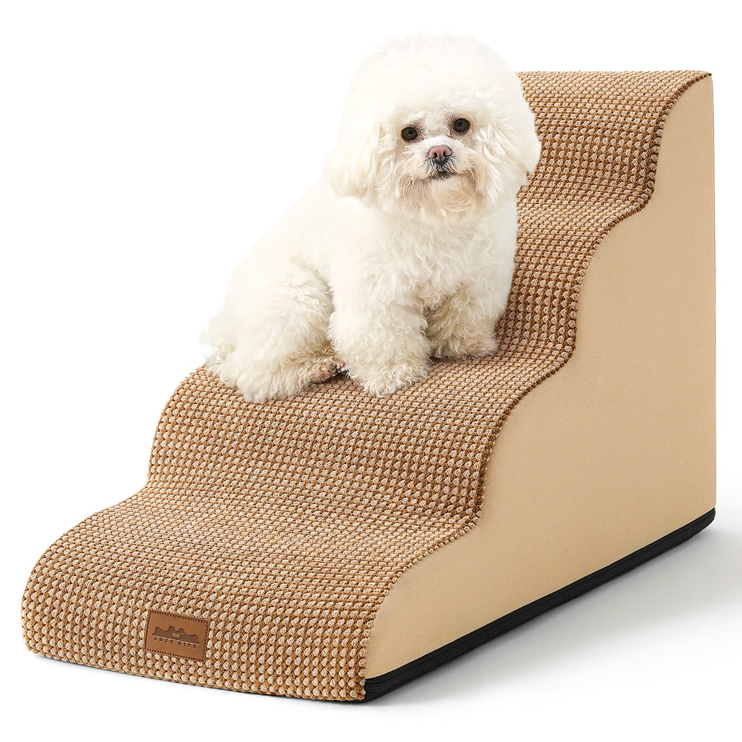 Cozy Kiss 4-Step Joint-Friendly Curved Pet Stairs with washable cover front view #color_Light Brown
