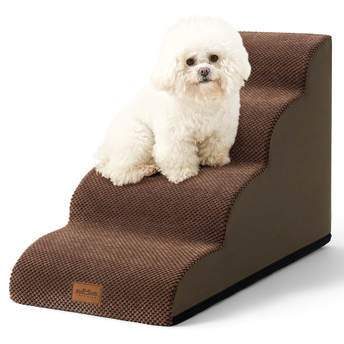 Front studio view of Cozy Kiss 4-Step Joint-Friendly Curved Pet Stairs featuring curved foam design and textured fabric cover #color_Brown