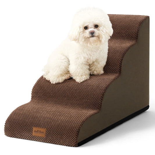 Front studio view of Cozy Kiss 4-Step Joint-Friendly Curved Pet Stairs featuring curved foam design and textured fabric cover #color_Brown