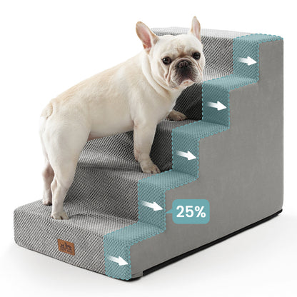 Front view of a dog using Cozy Kiss 5-Step Extra Wide Right-Angle Pet Stairs beside a bed, showing easy access. #color_Grey