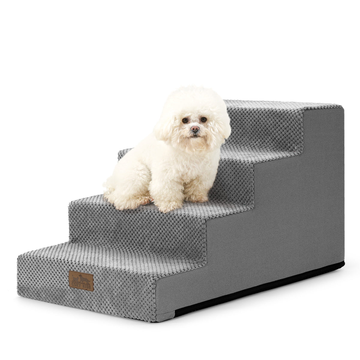 Side view of Cozy Kiss 4-Step Pet Stairs featuring joint-friendly low-rise steps 
