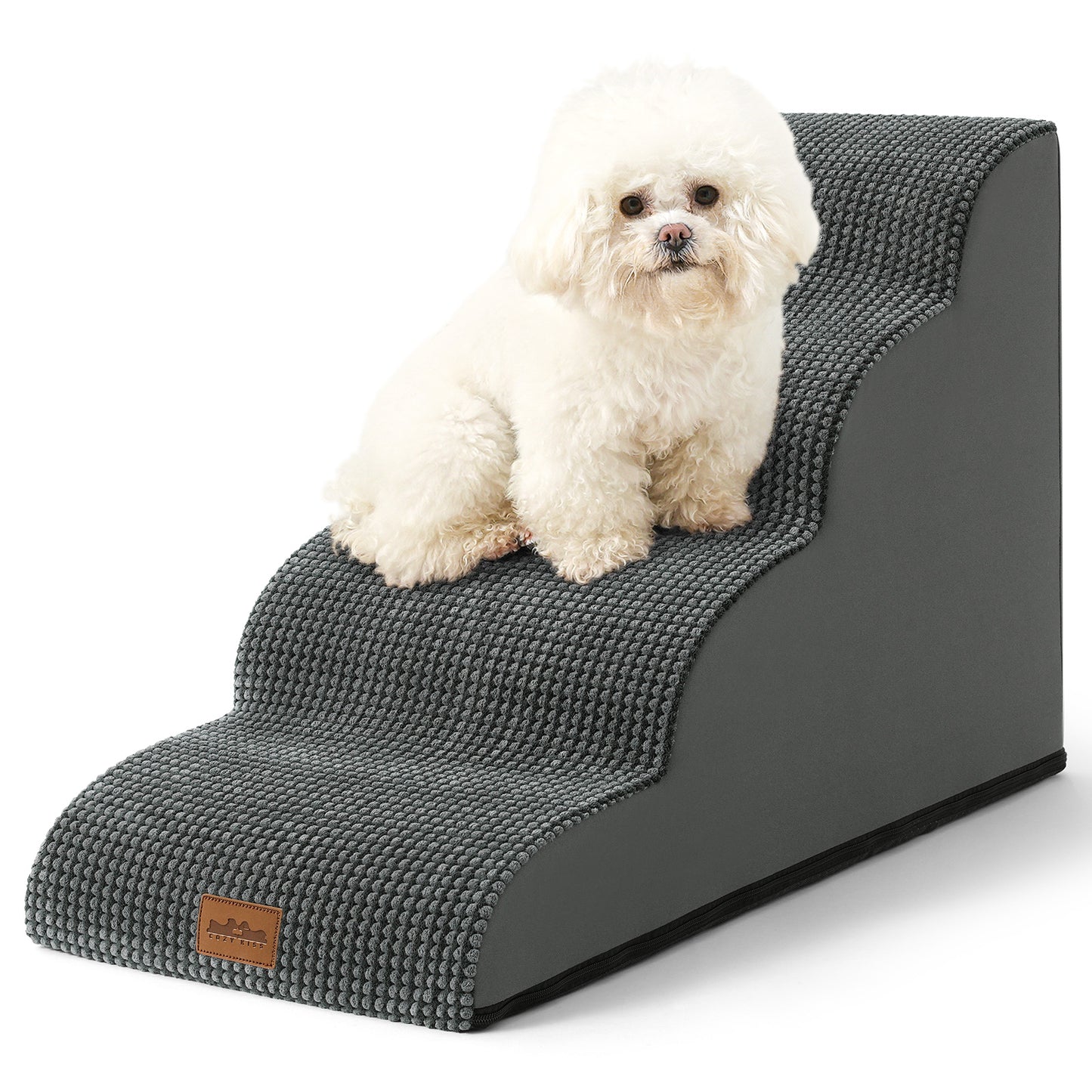 Cozy Kiss 4-Step Joint-Friendly Curved Pet Stairs with washable cover front view #color_Charcoal Grey