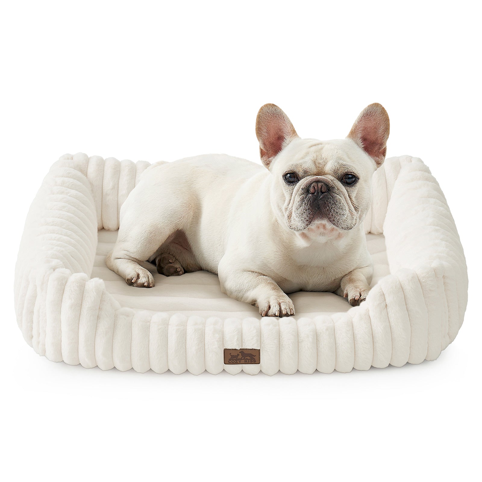 Cozy Kiss Striped Faux C-Shaped Washable Dog Bed plush bolster pet bed for dogs and cats #color_Cream