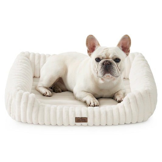 Cozy Kiss Striped Faux C-Shaped Washable Dog Bed plush bolster pet bed for dogs and cats #color_Cream