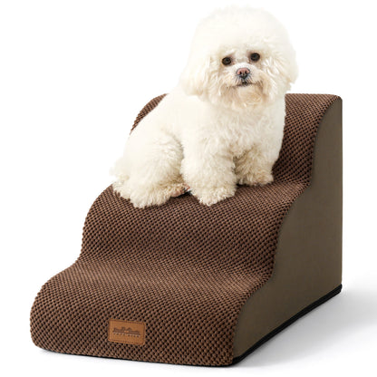 Cozy Kiss 3-Step Extra Wide Curved Pet Stairs beside bed for safe pet access #Color_Brown