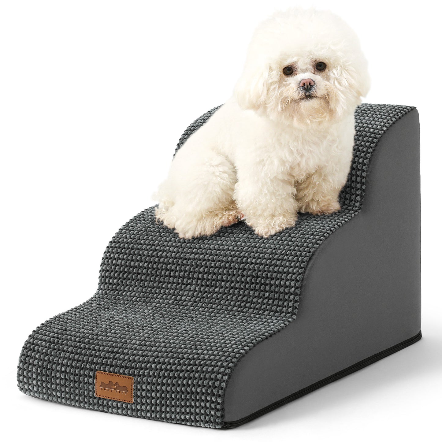 Front studio view of Cozy Kiss 3-Step Joint-Friendly Curved Pet Stairs featuring curved foam design and textured fabric cover #color_Charcoal Grey