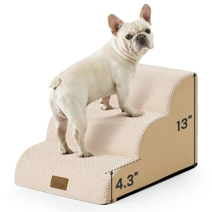 Front studio view of Cozy Kiss 3-Step Gentle Slope Curved Pet Stairs displaying compact dimensions, gradual incline, and stable construction #color_Beige