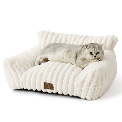 Cozy Kiss Ultra Soft Plush Striped Faux Pet Sofa Bed calming sofa style pet bed for dogs and cats #color_Cream