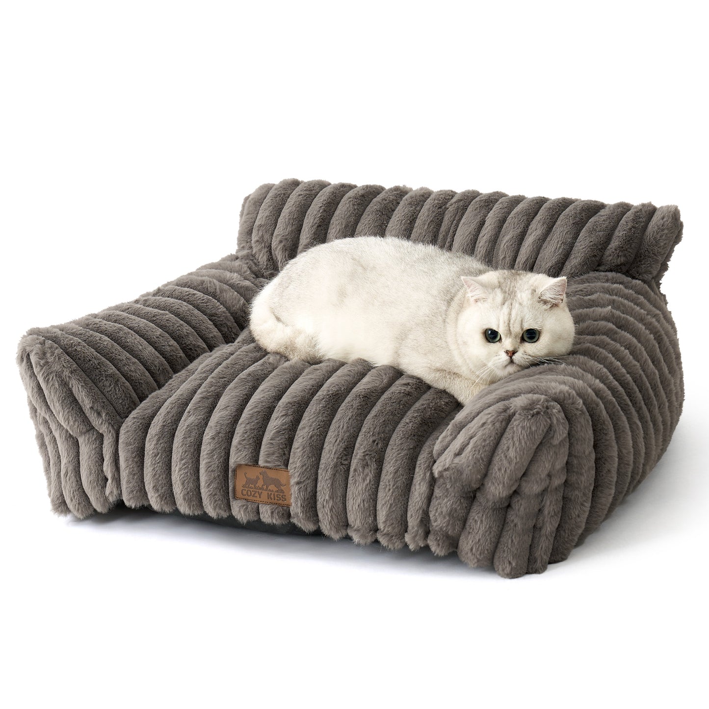 Cozy Kiss Ultra Soft Plush Striped Faux Pet Sofa Bed calming sofa style pet bed for dogs and cats #color_Grey