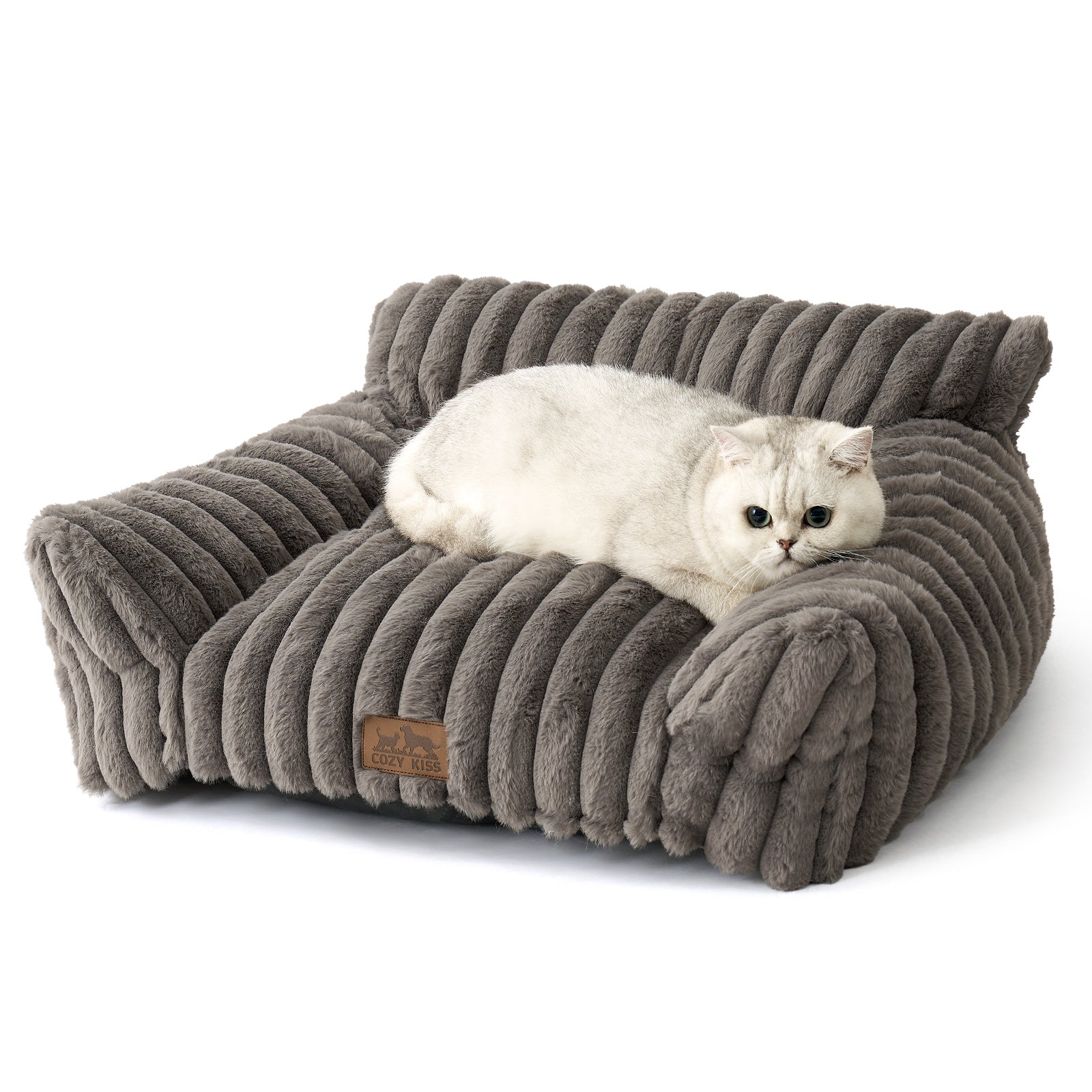 Cozy Kiss Ultra Soft Plush Striped Faux Pet Sofa Bed calming sofa style pet bed for dogs and cats #color_Grey