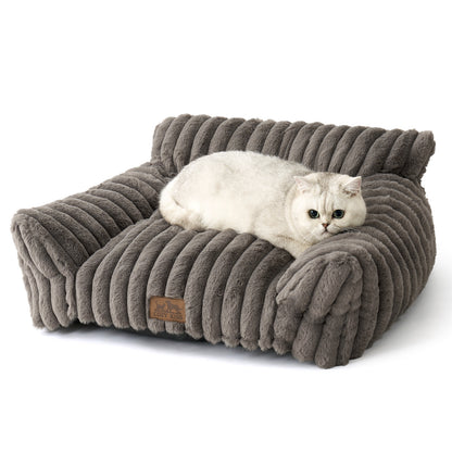 Cozy Kiss Ultra Soft Plush Striped Faux Pet Sofa Bed calming sofa style pet bed for dogs and cats #color_Grey