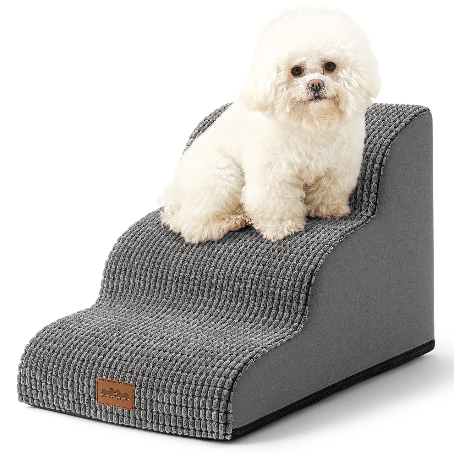 Front studio view of Cozy Kiss 3-Step Joint-Friendly Curved Pet Stairs featuring curved foam design and textured fabric cover #color_Charcoal Grey