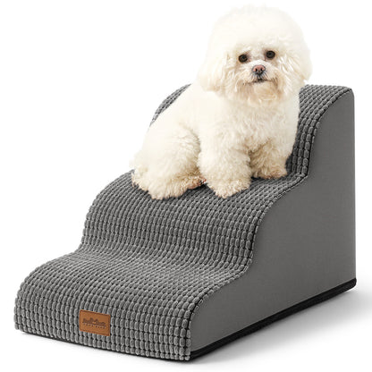 Front studio view of Cozy Kiss 3-Step Joint-Friendly Curved Pet Stairs featuring curved foam design and textured fabric cover #color_Charcoal Grey