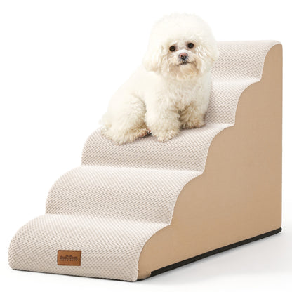 Cozy Kiss 5-Step Joint-Friendly Curved Pet Stairs with washable cover front view #color_Beige