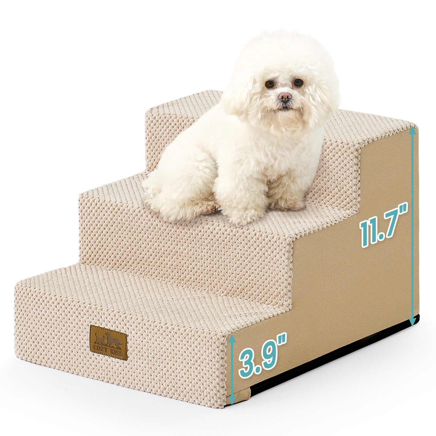Front studio view of Cozy Kiss 3-Step Right-Angle Pet Stairs with dimensions #color_Beige