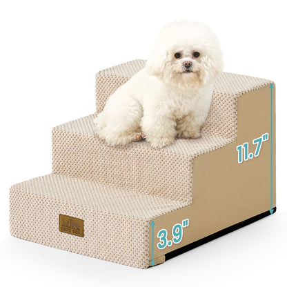 Front studio view of Cozy Kiss 3-Step Right-Angle Pet Stairs with dimensions #color_Beige