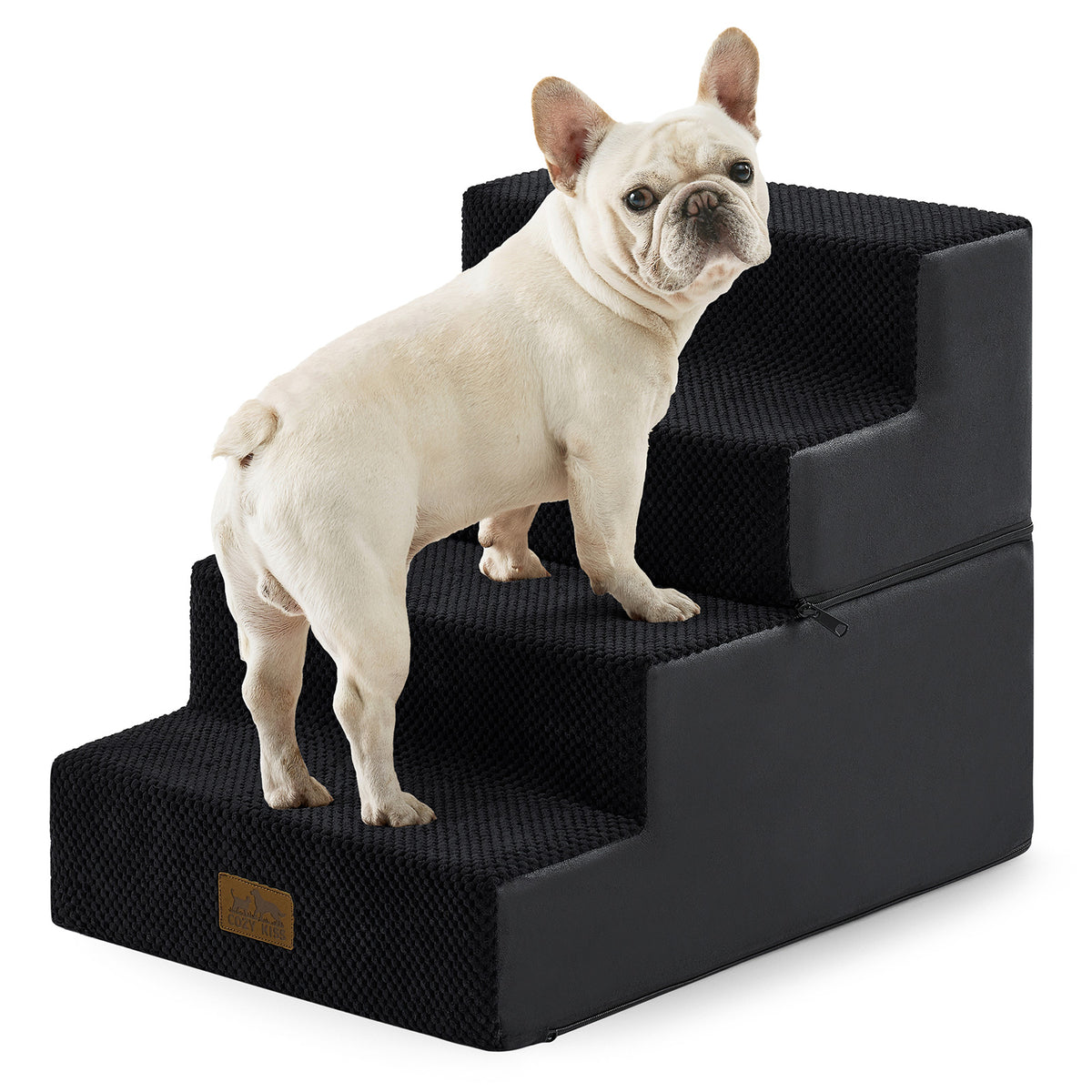 Dog standing on Cozy Kiss 4-Step Extra Wide Foldable Right-Angle Pet Stairs 