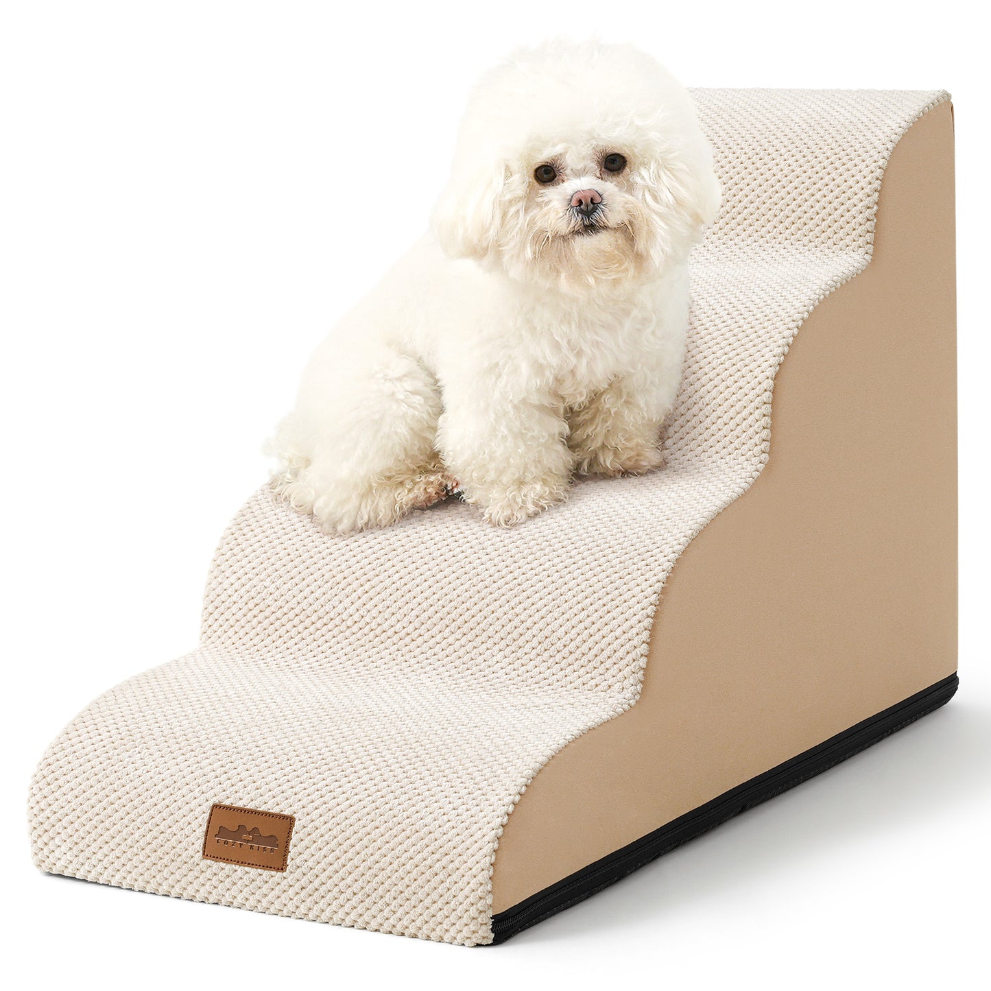 Cozy Kiss 4-Step Joint-Friendly Curved Pet Stairs with washable cover front view #color_Beige