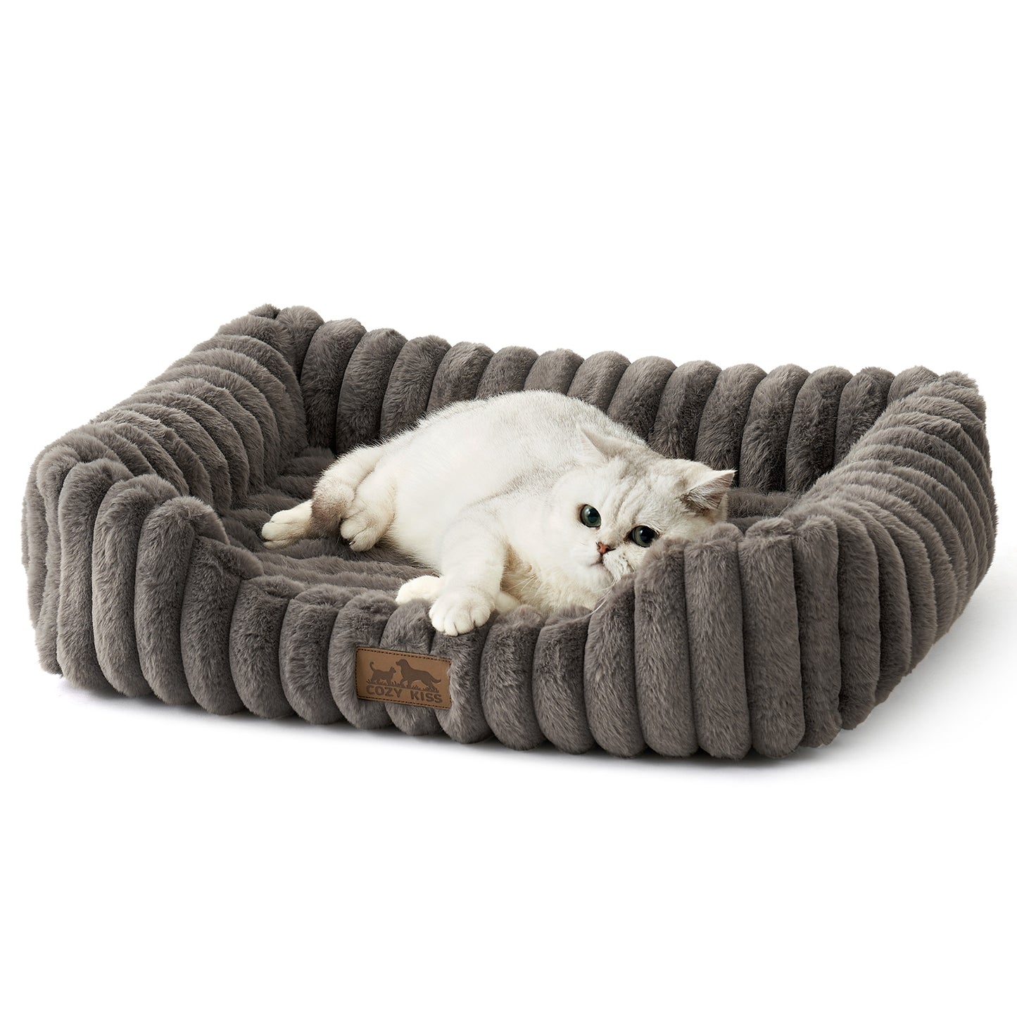 Cozy Kiss Striped Faux C-Shaped Washable Dog Bed plush bolster pet bed for dogs and cats #color_Grey