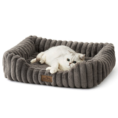 Cozy Kiss Striped Faux C-Shaped Washable Dog Bed plush bolster pet bed for dogs and cats #color_Grey