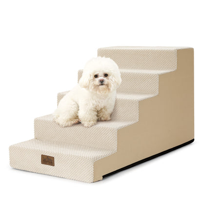 Cozy Kiss 5-Step Right-Angle Pet Stairs with a dog standing on it #color_Beige