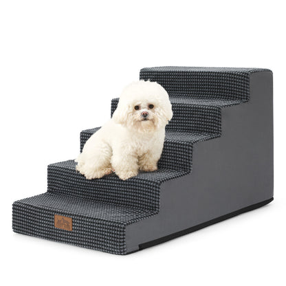 Cozy Kiss 5-Step Right-Angle Pet Stairs with a dog standing on it #color_Charcoal Grey