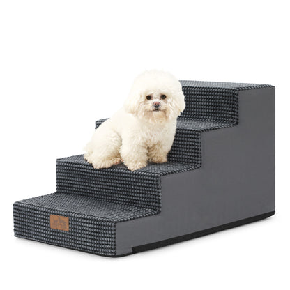 Cozy Kiss 4-Step Right-Angle Pet Stairs with a dog safely standing on it #color_Charcoal Grey