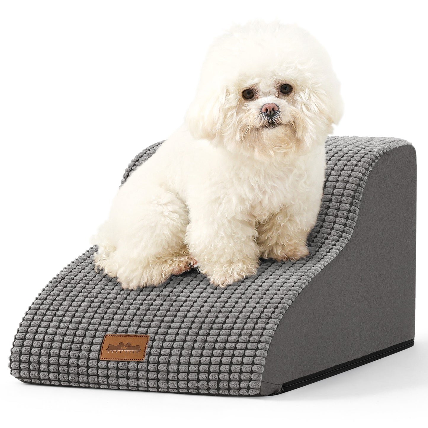 Front studio view of Cozy Kiss 2-Step Joint-Friendly Curved Pet Stairs featuring curved foam design and textured fabric cover #color_Grey