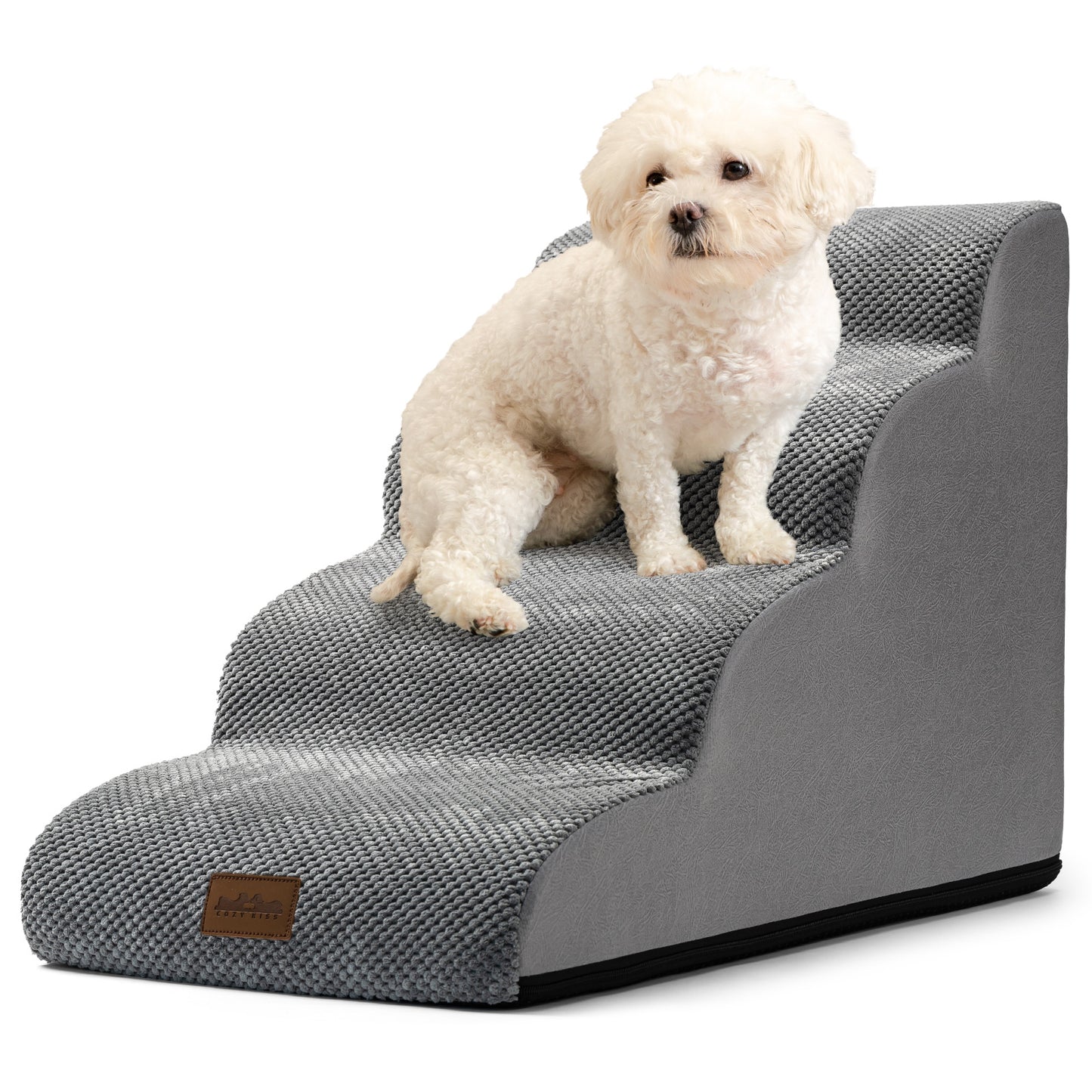 Cozy Kiss 4-Step Joint-Friendly Curved Pet Stairs with washable cover front view #color_Light Grey