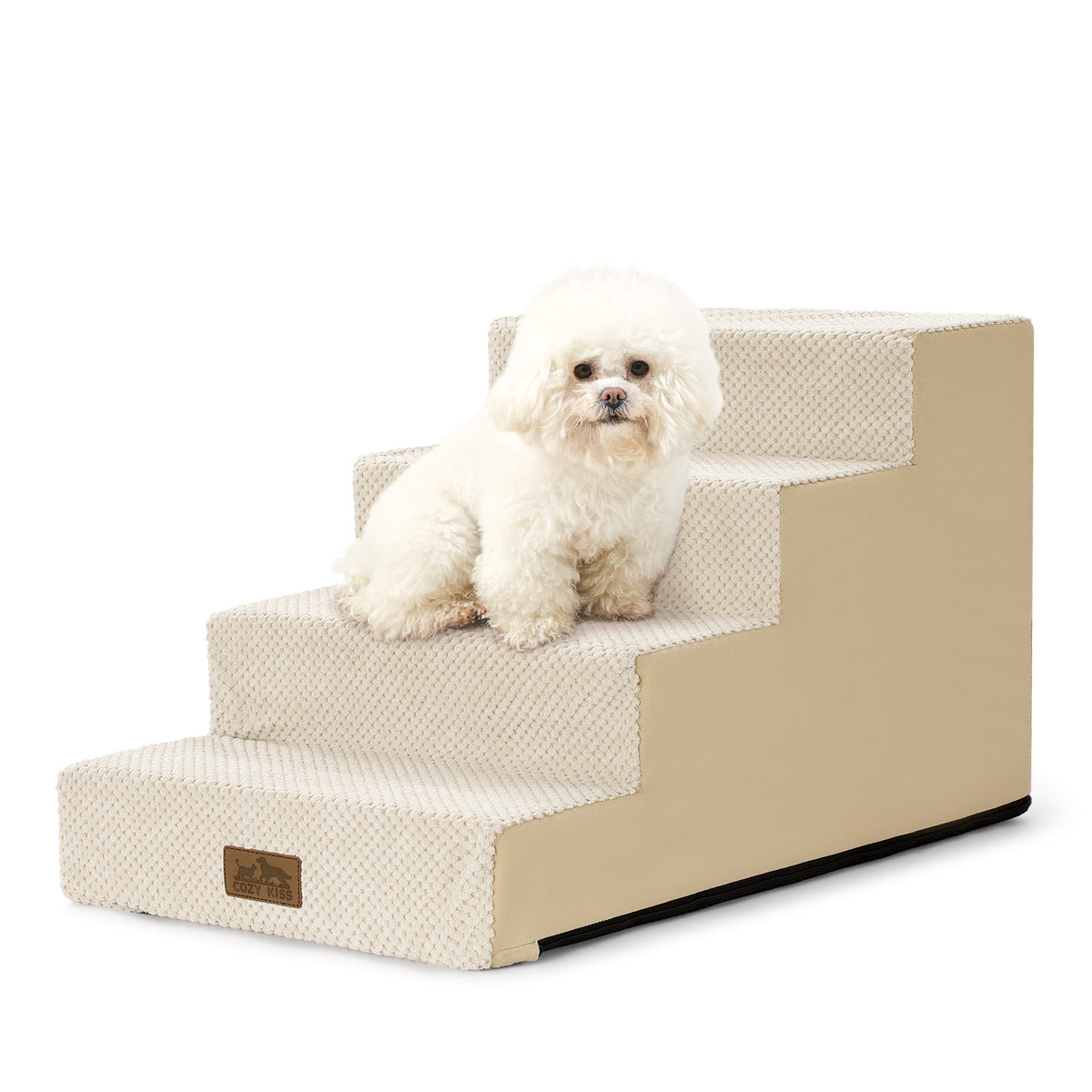 Cozy Kiss 4-Step Right-Angle Pet Stairs with a dog safely standing on it 