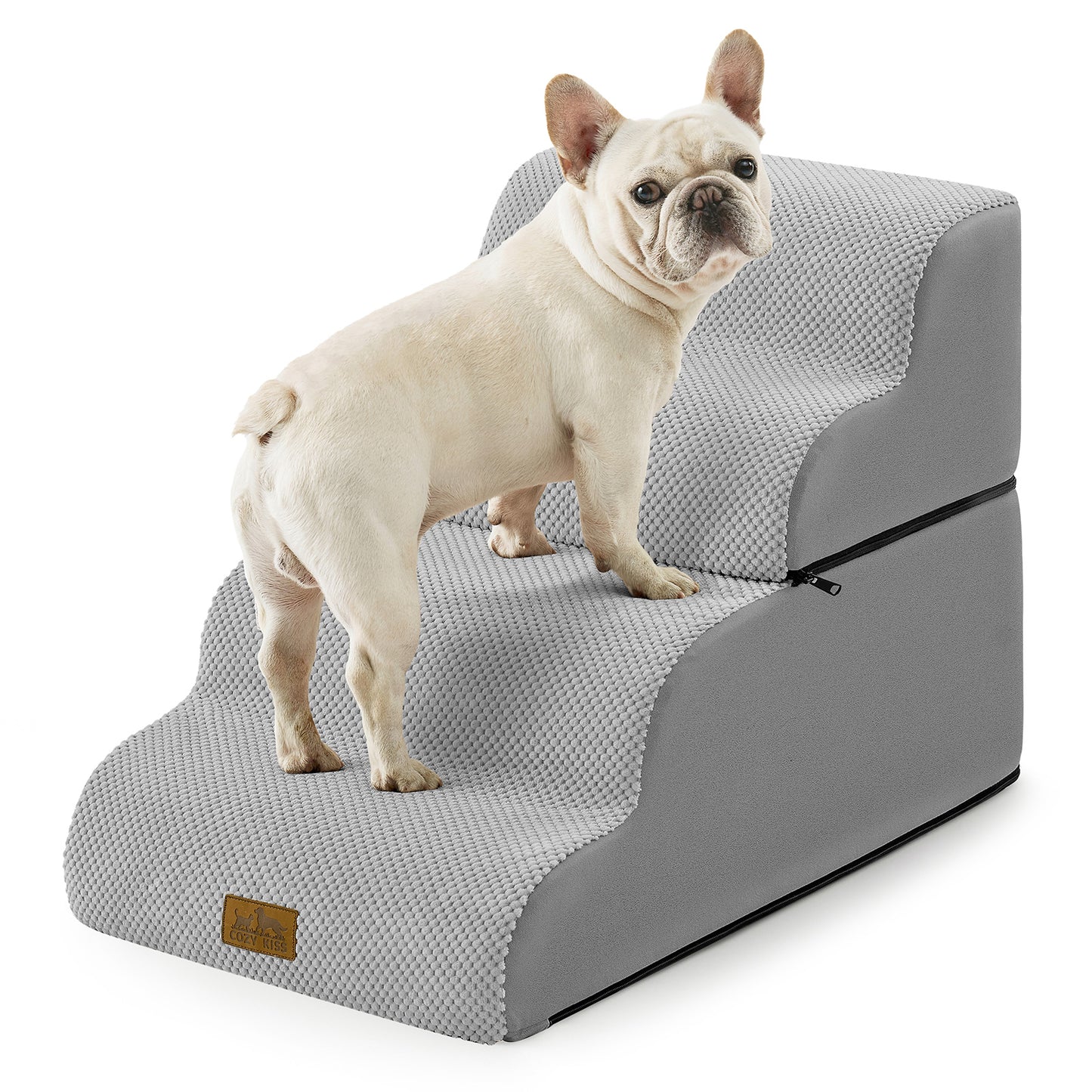 Dog standing on Cozy Kiss 3-step foldable Curved Pet Stairs. #color_Grey