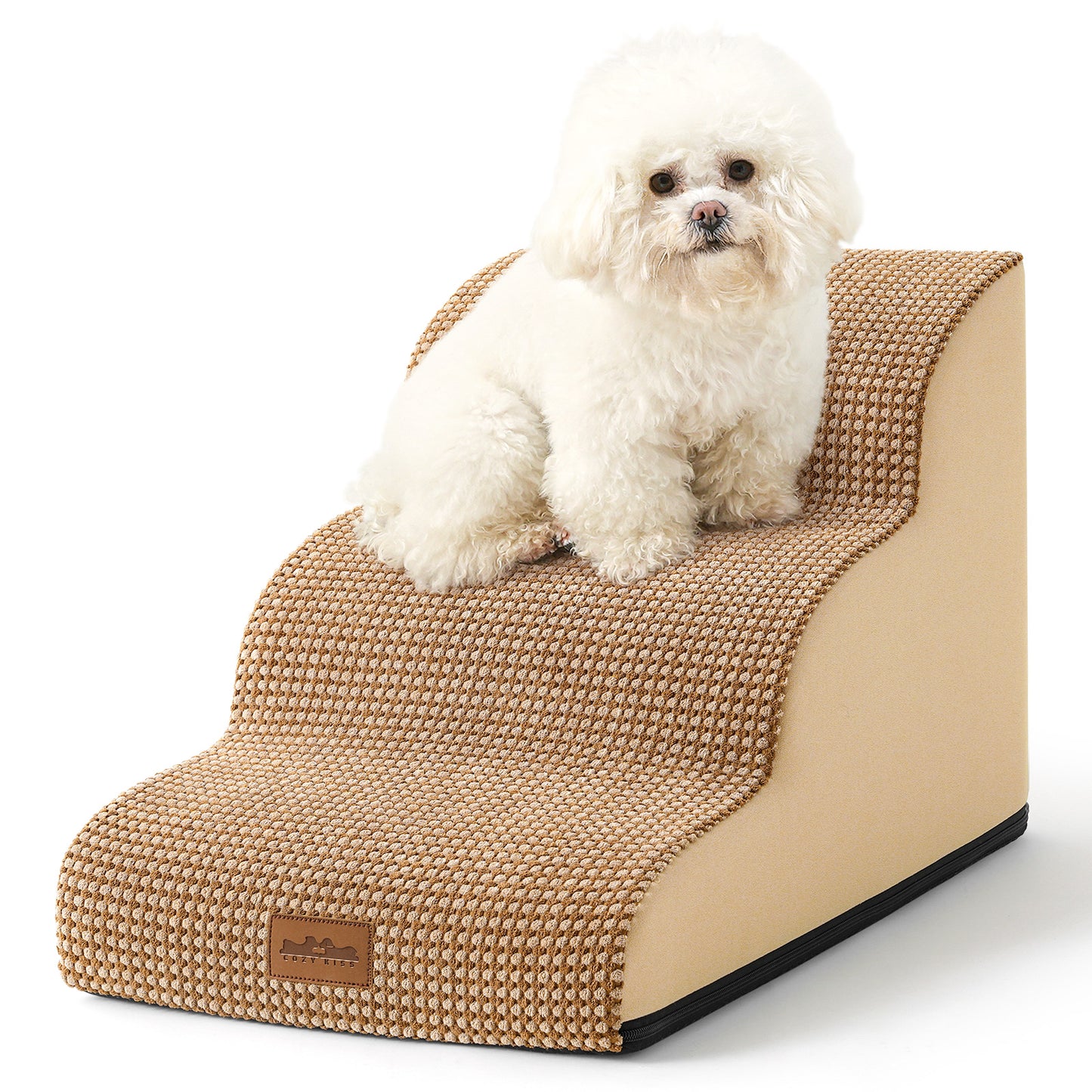Front studio view of Cozy Kiss 3-Step Joint-Friendly Curved Pet Stairs featuring curved foam design and textured fabric cover #color_Light Brown