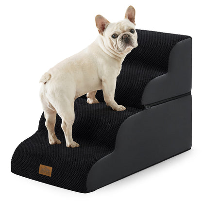 Dog standing on Cozy Kiss 3-step foldable Curved Pet Stairs. #color_Black