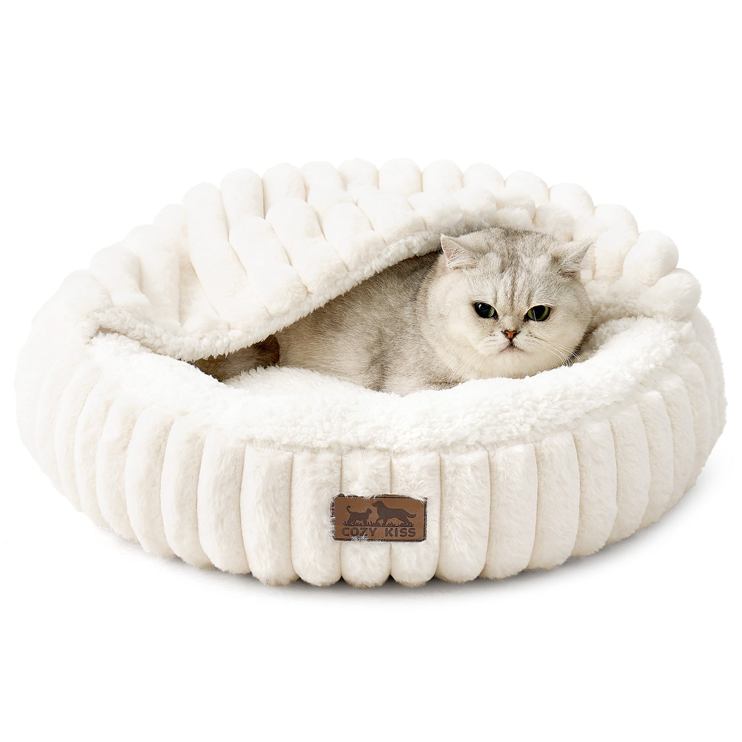 Cozy Kiss Striped Faux Calming Donut Pet Bed With Blanket ultra soft faux fur calming pet nest bed #color_Cream