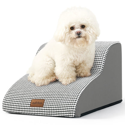 Front studio view of Cozy Kiss 2-Step Joint-Friendly Curved Pet Stairs featuring curved foam design and textured fabric cover #color_White & Black