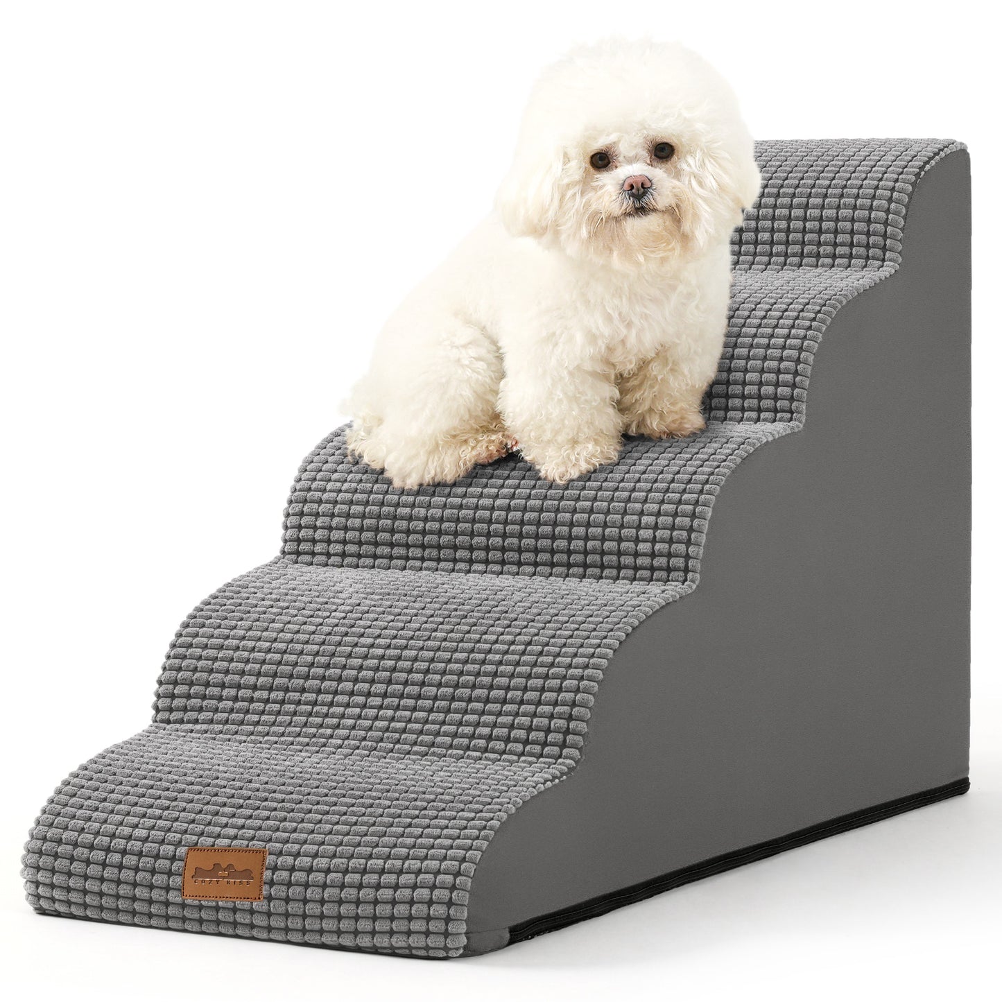 Cozy Kiss 5-Step Joint-Friendly Curved Pet Stairs with washable cover front view #color_Light Grey